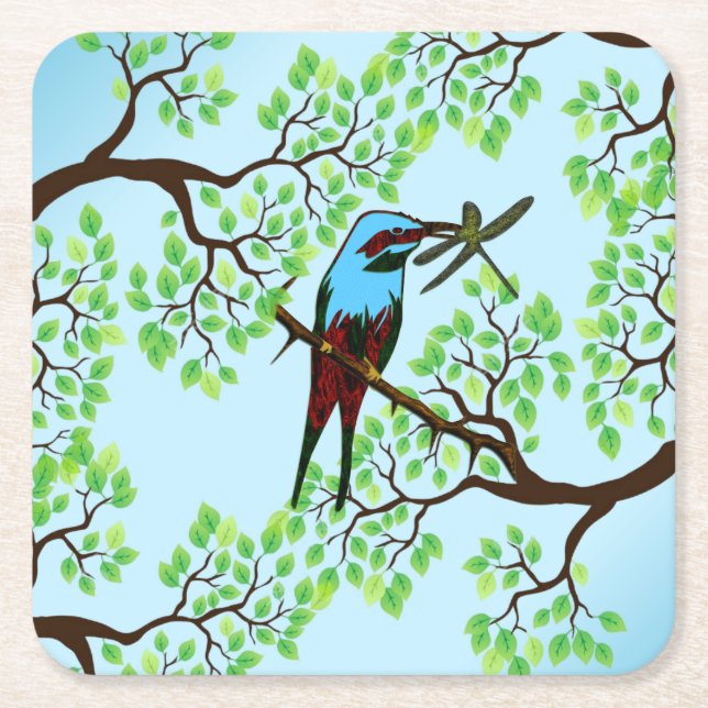 Blue Bird in Trees Square Paper Coaster (Front)