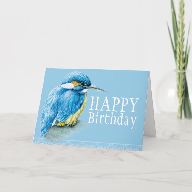 Blue bird kingfisher art painted birthday card (Front)