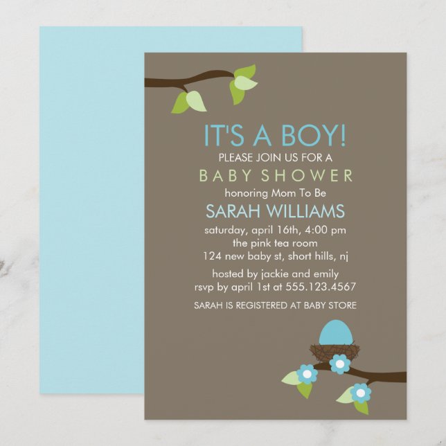 Blue Bird Nest and Blossoms Boy Baby Shower Invitation (Front/Back)