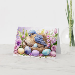 Blue Bird Nesting and Easter Eggs, Flowers Holiday Card