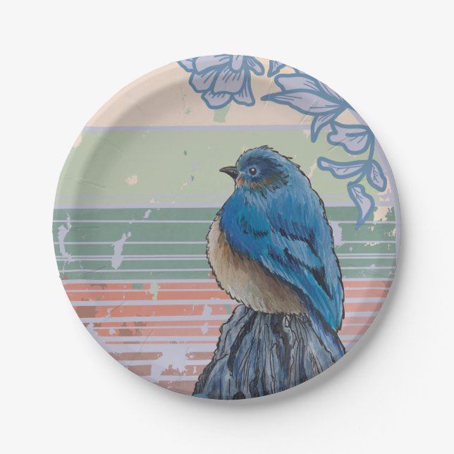 Blue Bird on a Fence Post Paper Plate (Front)