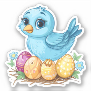 Blue Bird on a Nest with Easter Eggs