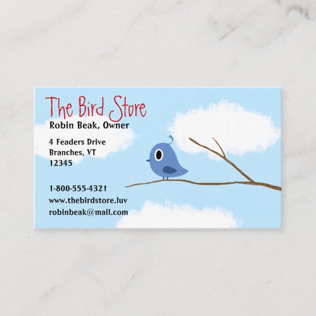 Blue Bird on a Tree Branch with Cloudy Sky Business Card (Front)