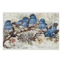 Blue Bird on Branch Butterfly Vintage Nature Art