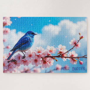 Blue Bird on Cherry Blossom Branch Jigsaw Puzzle
