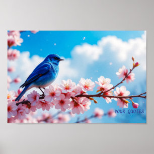 Blue Bird on Cherry Blossom Branch Poster
