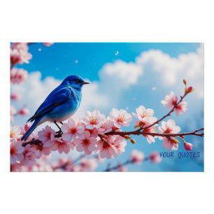 Blue Bird on Cherry Blossom Branch Poster