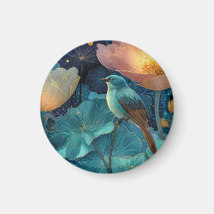 Blue Bird Perched Amidst Glowing Flowers Magnet