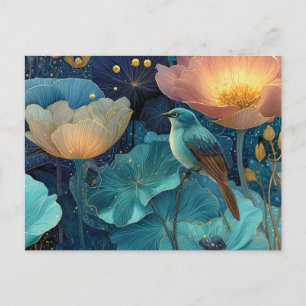 Blue Bird Perched Amidst Glowing Flowers Postcard