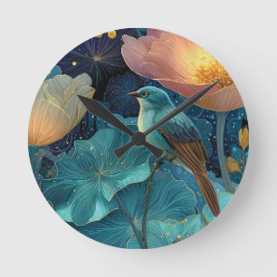 Blue Bird Perched Amidst Glowing Flowers Round Clock