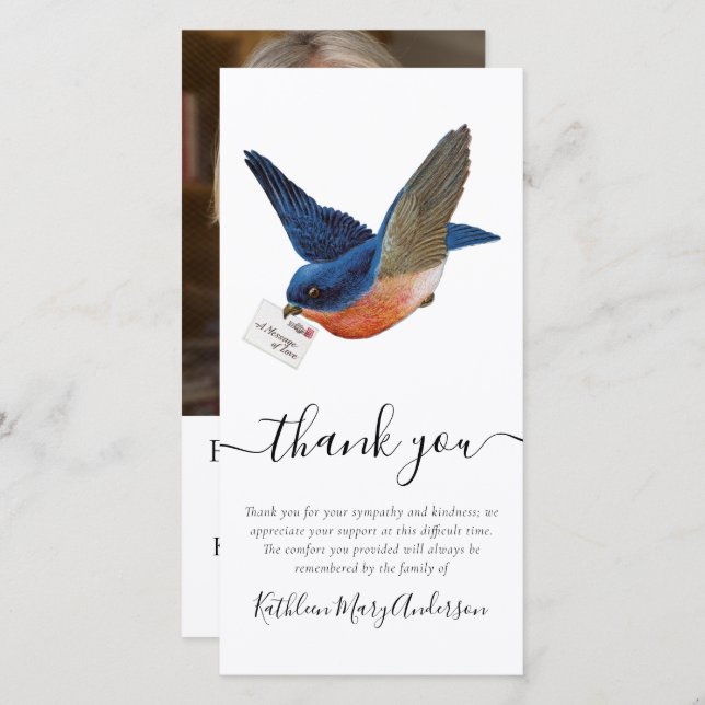 Blue Bird Photo Funeral Thank You Card (Front/Back)