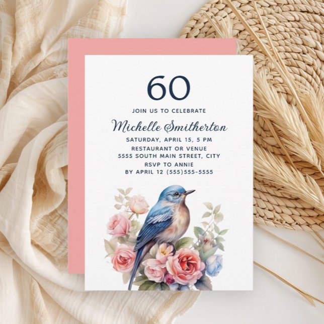 Blue Bird Pink Flowers 60th Birthday Invitation (Blue bird and pink floral 60th birthday party invitation)