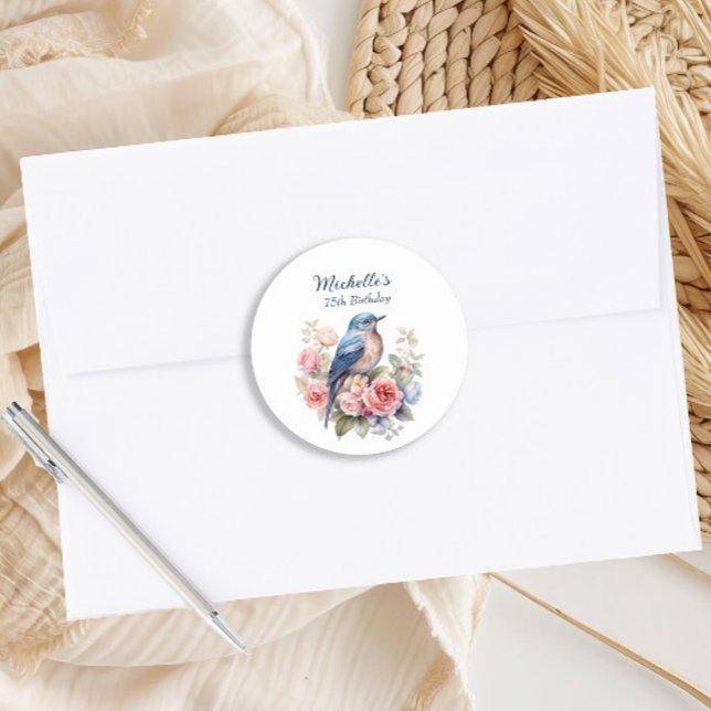 Blue Bird Pink Flowers 75th Birthday Classic Round Sticker (Blue bird pink floral birthday party envelope seal sticker)