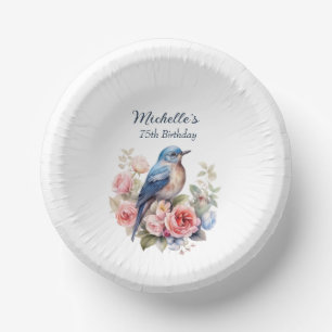 Blue Bird Pink Flowers 75th Birthday Paper Plate