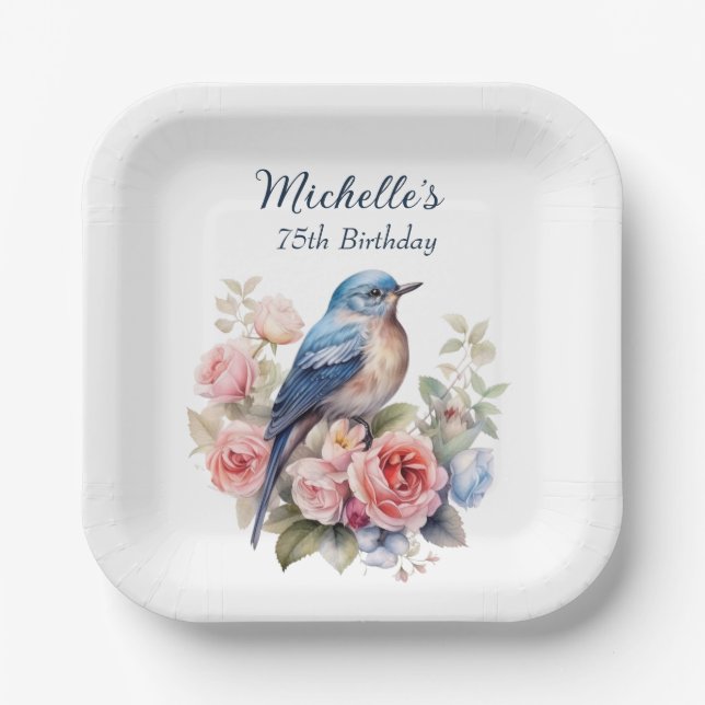 Blue Bird Pink Flowers 75th Birthday Paper Plate (Front)