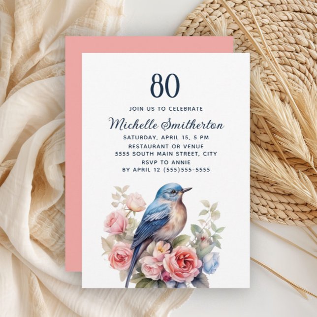 Blue Bird Pink Flowers 80th Birthday Invitation (Blue bird and pink floral 80th birthday invitation)