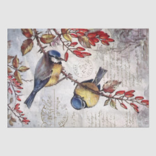 Blue Bird Red Berries French Script Decoupage  Tissue Paper