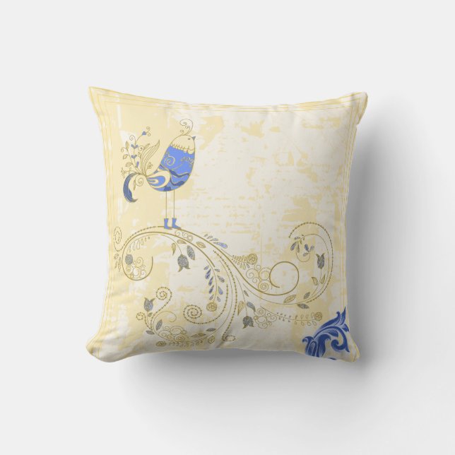 Blue Bird Retro Floral Fine Art Cushion (Front)