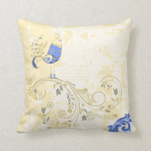 Blue Bird Retro Floral Fine Art Cushion