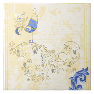 Blue Bird Retro Floral Fine Art Tile