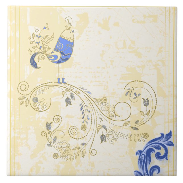 Blue Bird Retro Floral Fine Art Tile (Front)
