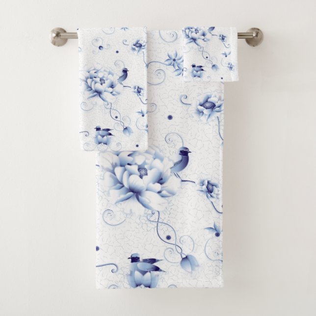 Blue Bird Rose Chinoiserie Floral Bath Towel Set (Insitu)