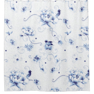 Blue Bird Rose Chinoiserie Floral Shower Curtain