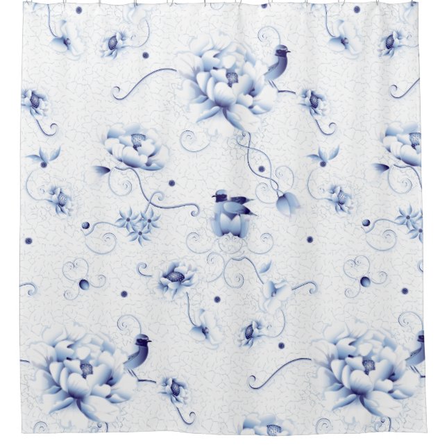 Blue Bird Rose Chinoiserie Floral Shower Curtain (Front)