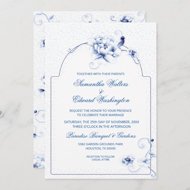 Blue Bird Rose Chinoiserie Floral | Wedding Invitation (Front/Back)