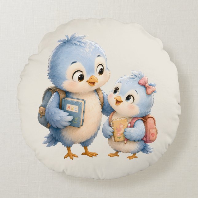 Blue Bird Siblings Round Throw Pillow (Front)