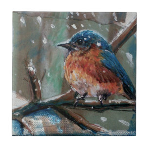 Blue Bird Song Bird Winter Painting Tile