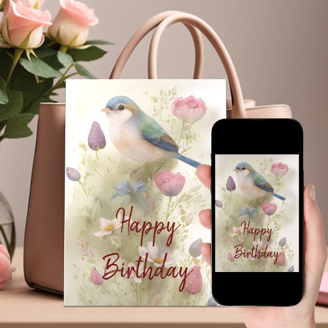 Blue Bird Spring Flowers Watercolor Birthday Card (Creator Uploaded)