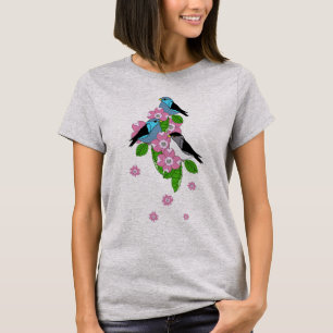 Blue bird, spring folk flowers, front and back T-Shirt