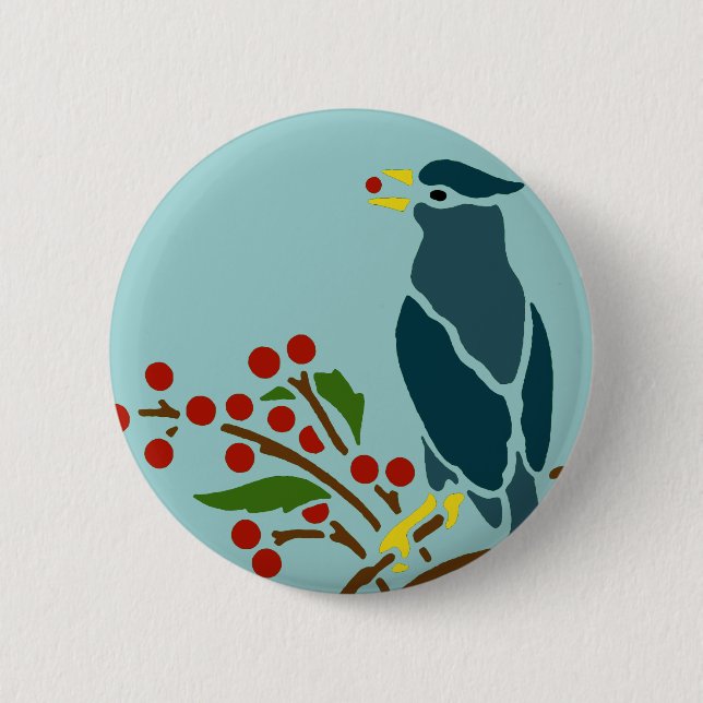 Blue Bird with Berries 6 Cm Round Badge (Front)