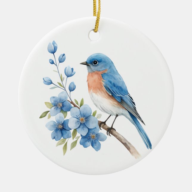 Blue bird with blue flowers ceramic ornament (Front)