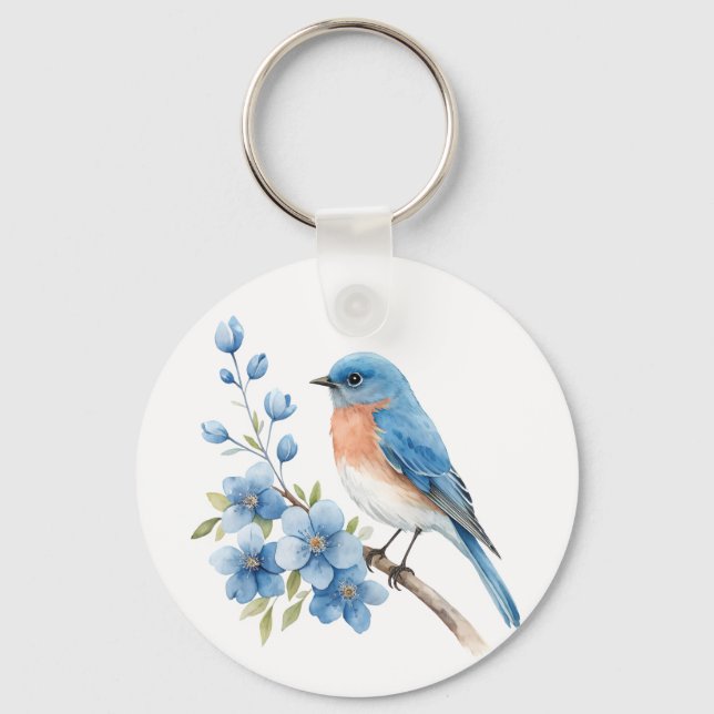 Blue bird with blue flowers key ring (Front)
