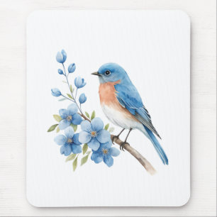 Blue bird with blue flowers mouse pad