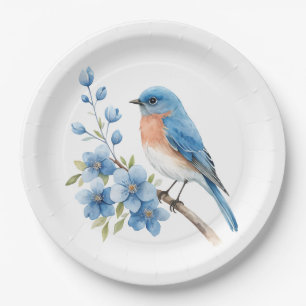 Blue bird with blue flowers paper plate