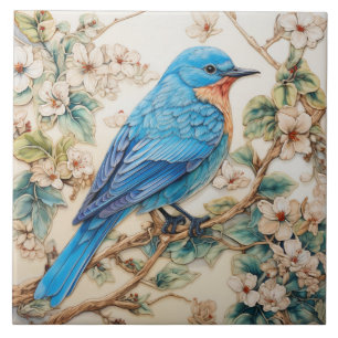Blue Bird with Cream Blossoms Ceramic Tile