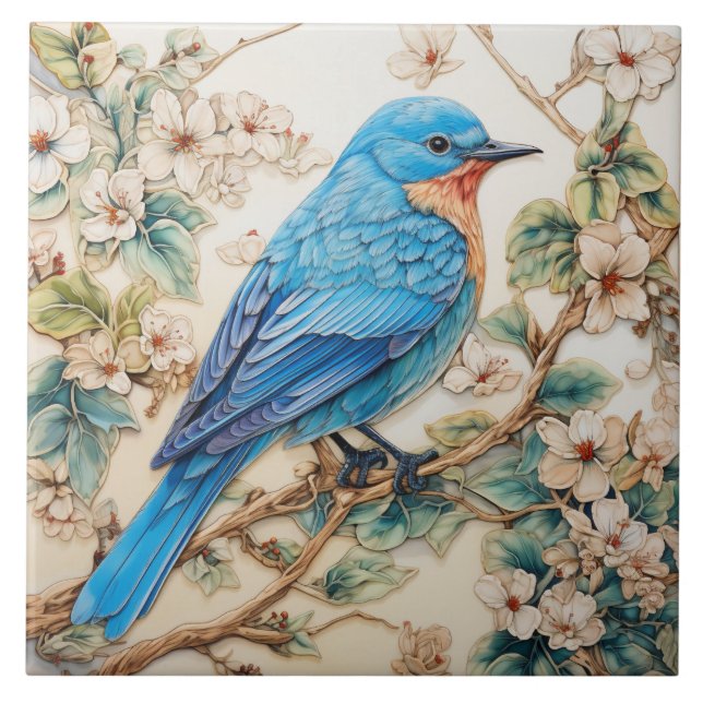 Blue Bird with Cream Blossoms Ceramic Tile (Front)