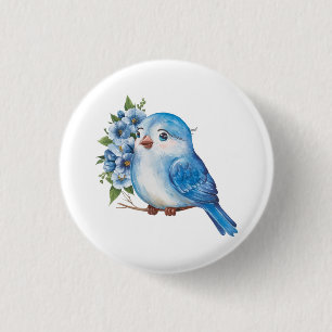Blue Bird with Flowers 3 Cm Round Badge