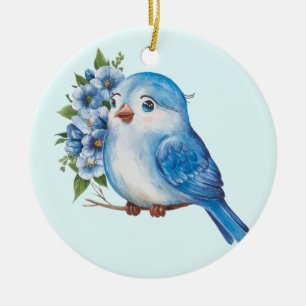 Blue Bird with Flowers Ceramic Ornament