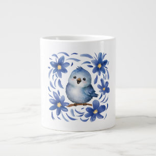 Blue Bird with flowers Large Coffee Mug