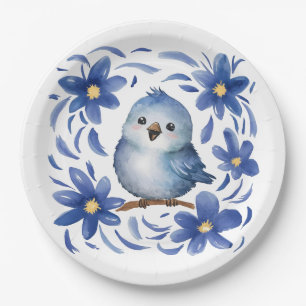 Blue Bird with flowers Paper Plate