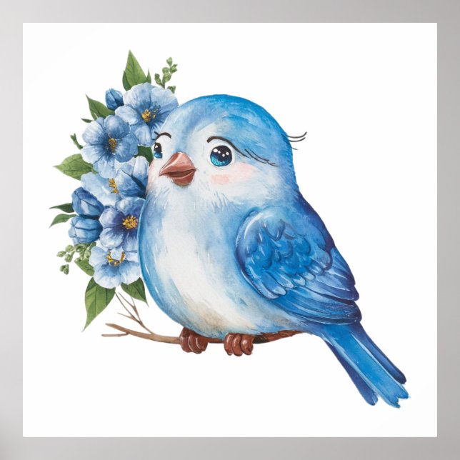 Blue Bird with Flowers Poster (Front)