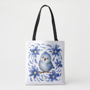Blue Bird with flowers Tote Bag