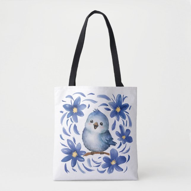 Blue Bird with flowers Tote Bag (Front)