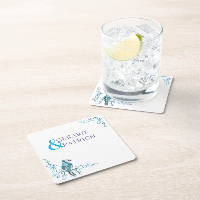 Blue bird with ornaments and monogram square paper coaster (Insitu)