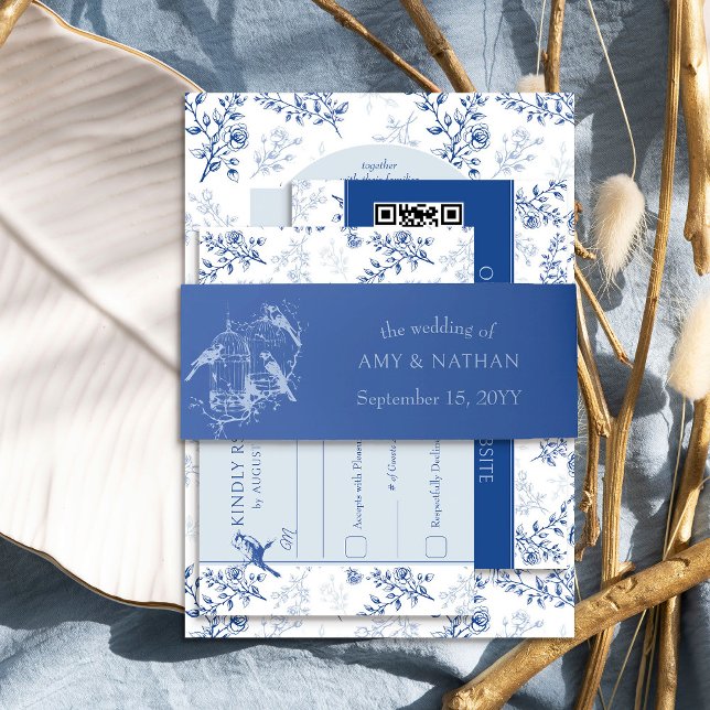 Blue Birdcage Wedding Invitation Belly Band (Blue wedding invitation belly bands from the Chinoiserie Wedding Collection by Darling & May)
