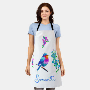 Blue Birdie Birthday Forget Me Not Flowers Apron